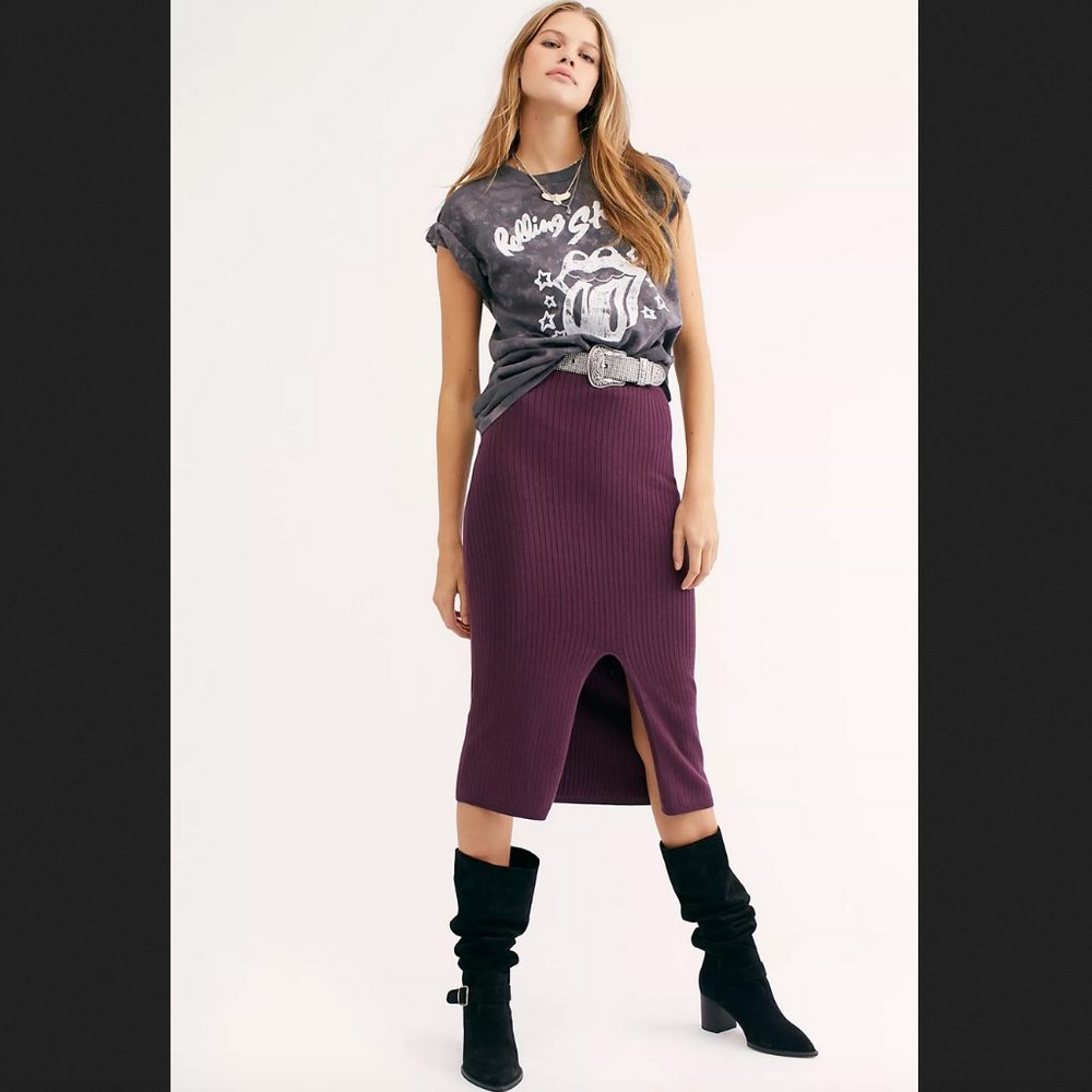 FREE PEOPLE Soft Ribbed Skyline Midi Sweater Skirt with Slit Women's Size Medium